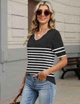 LOMON Womens 2026 Spring V Neck Sweater Casual Tops Short Sleeve Lightweight Ribbed Knit Pullover Sweaters