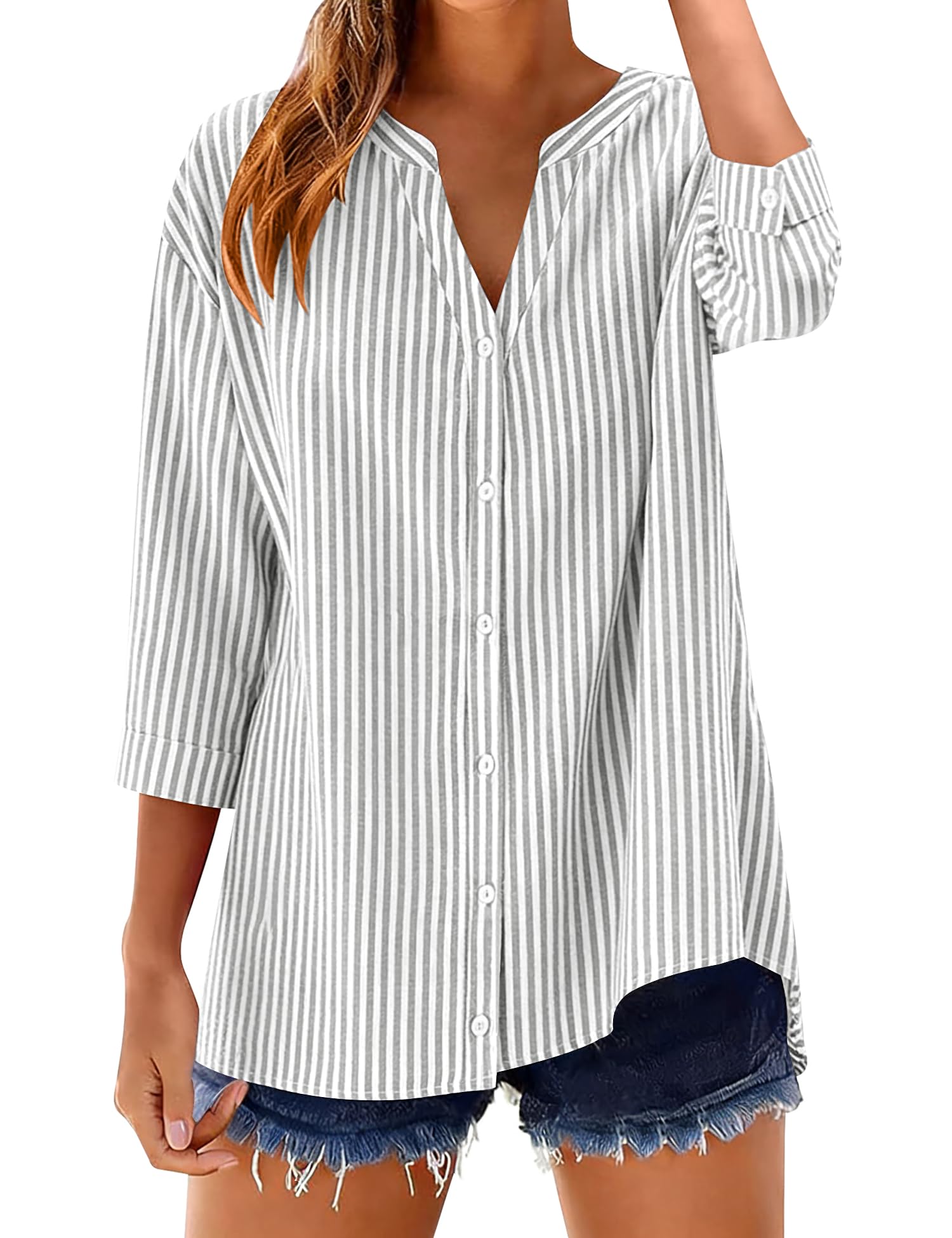 LOMON Cotton 3/4 Sleeve Button Down Shirts for Women Gingham Plaid Striped Tops V Neck Casual Loose Blouse