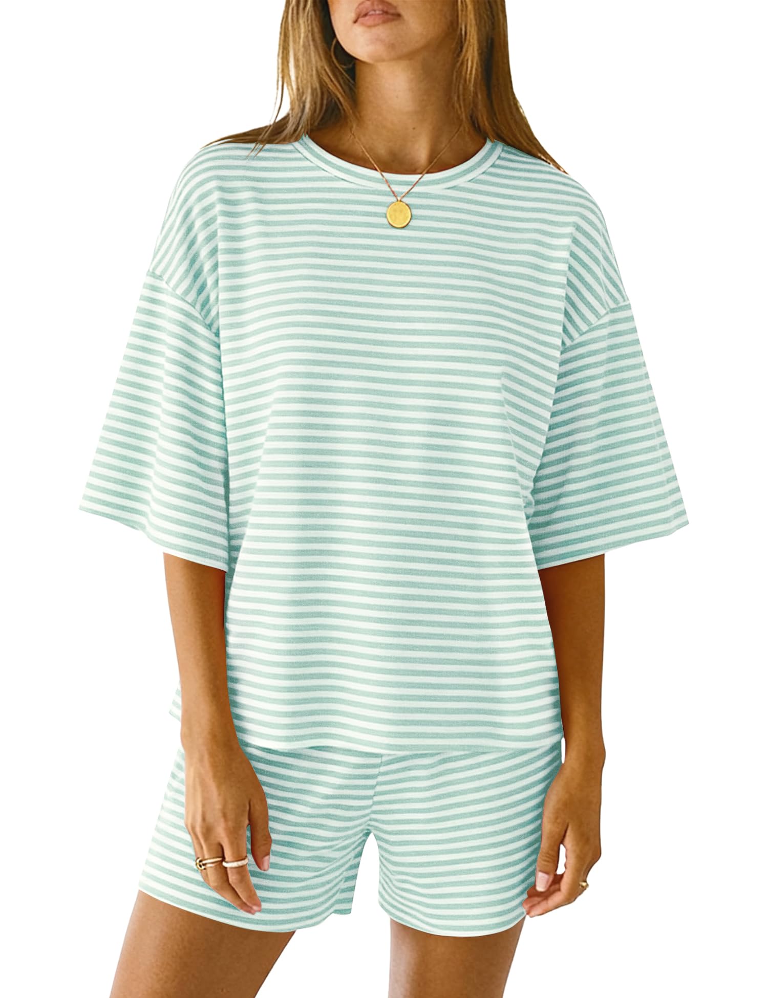 LOMON Two Piece Sets for Women Summer 3/4 Sleeve Tops and Elastic Waist Shorts Pajamas Cute Comfy Soft Lounge Striped Pjs