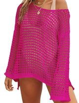 LOMON Womens Beach Cover Ups Long Sleeve Crochet Coverups for Swimwear Mesh Knit Swimsuit Cover Up XS-XXL