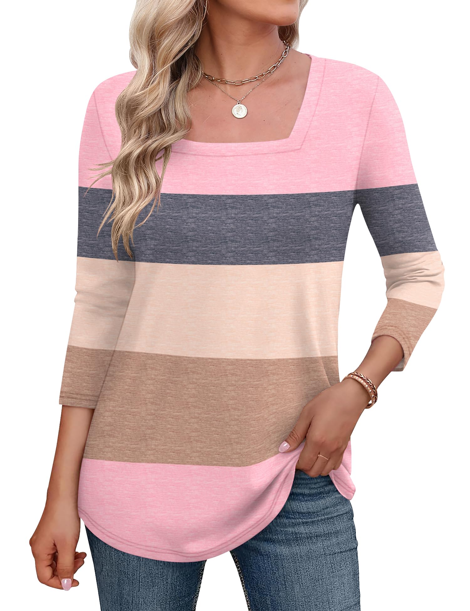 LOMON Women's 3/4 Sleeve Shirts Square Neck Summer Tops Dressy Casual Basic Tees Ladies T Shirts Blouses