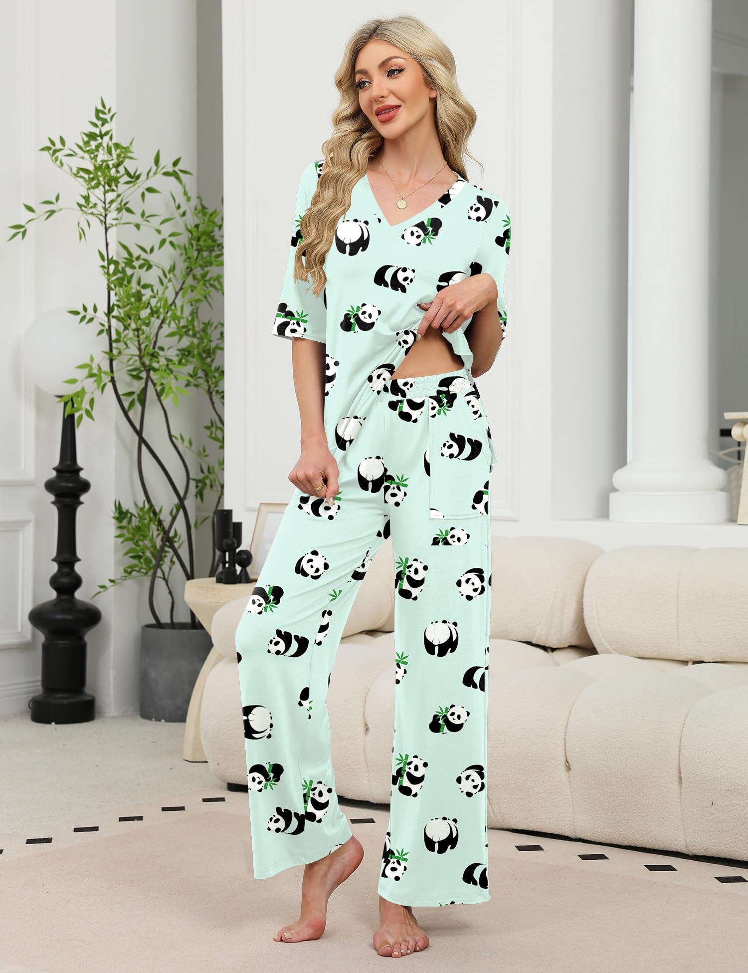 LOMON Women's 2 Piece Lounge Pajama Sets Soft 3/4 Sleeve Tops and Wide Leg Pants Loose Casual Outfits with Pockets