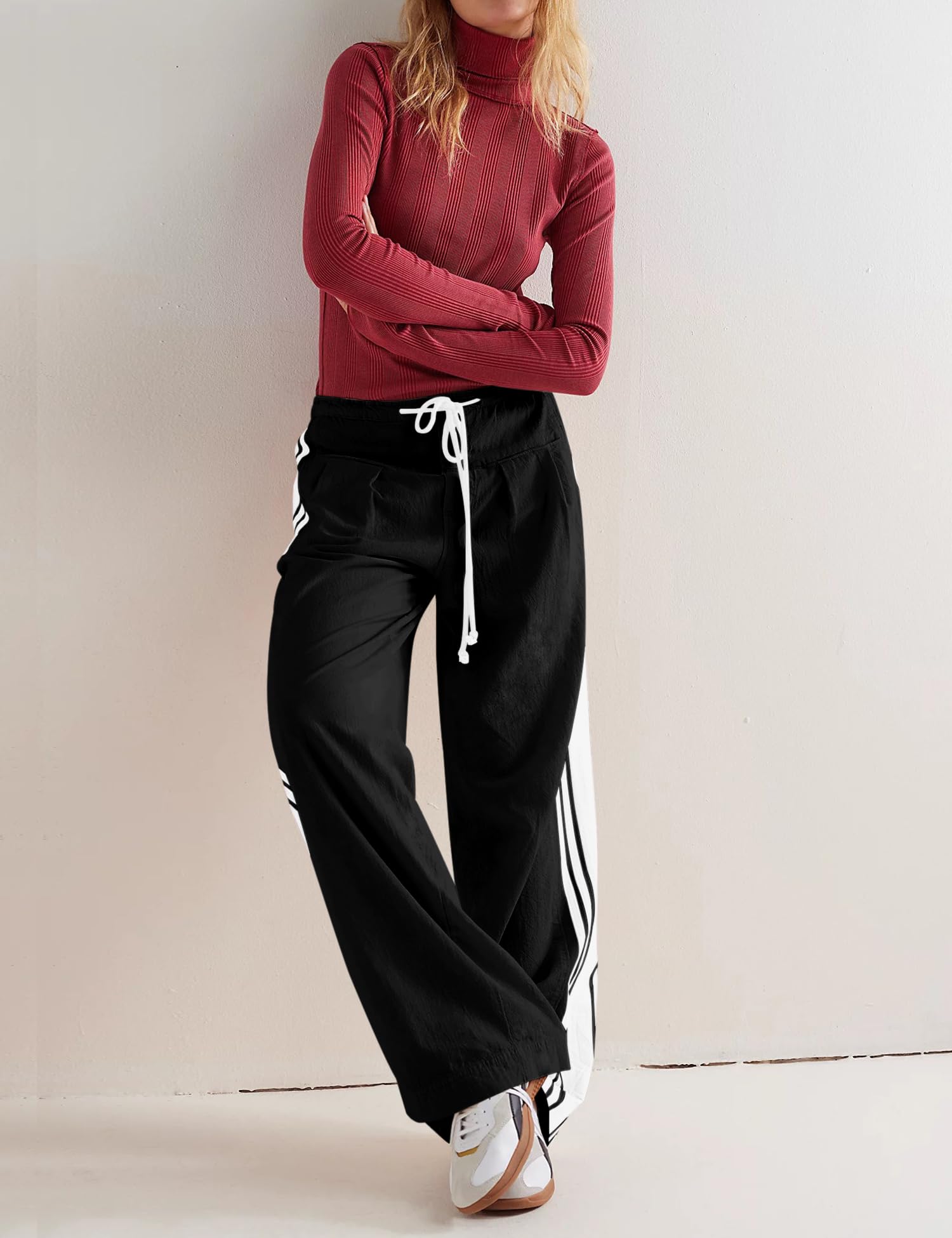 LOMON Pants for Women Wide Leg Side Striped Pants Drawstring Baggy Palazzo Work Trousers with Pockets