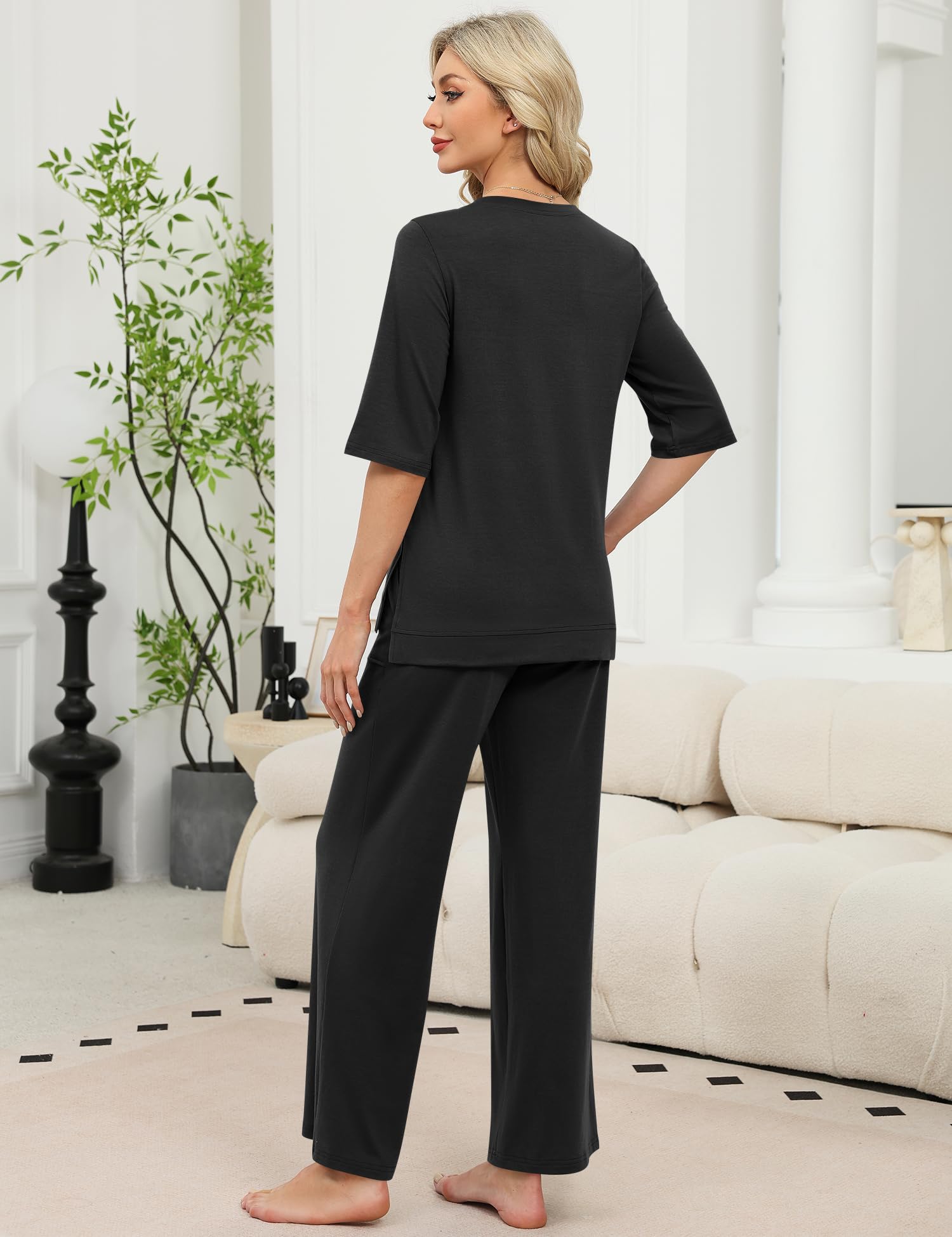 LOMON Women's 2 Piece Lounge Pajama Sets Soft 3/4 Sleeve Tops and Wide Leg Pants Loose Casual Outfits with Pockets