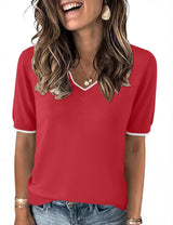 LOMON Womens 2026 Spring V Neck Sweater Casual Tops Short Sleeve Lightweight Ribbed Knit Pullover Sweaters