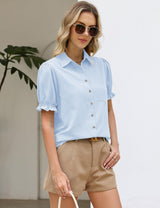 LOMON Linen Shirts for Women Puff Sleeve Button Down Summer Casual Cotton Linen Blouses Collared Work Tops Dressy
