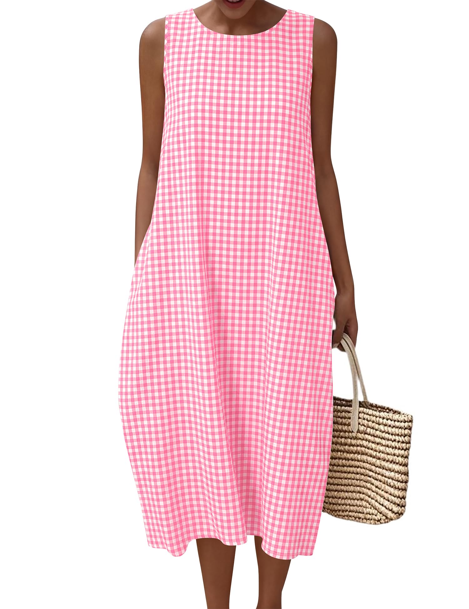 LOMON Summer Dresses for Women Cotton Casual Maxi Dress Beach Vacation Long Sundresses Plaid Striped with Pockets