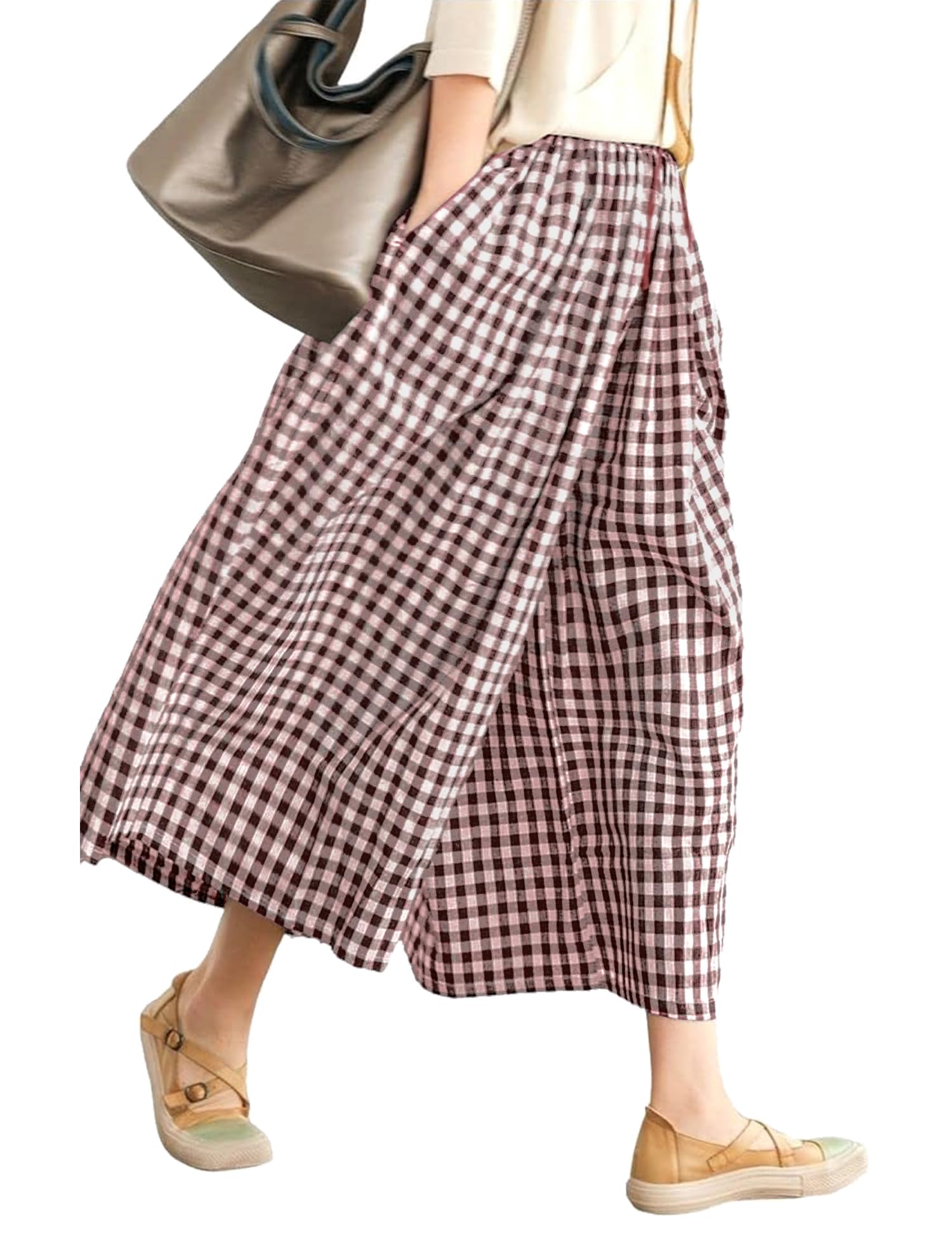 LOMON Womens Wide Leg Capri Pants Gingham Plaid Culottes Summer Elastic Waist Palazzo Trousers Bottoms with Pockets