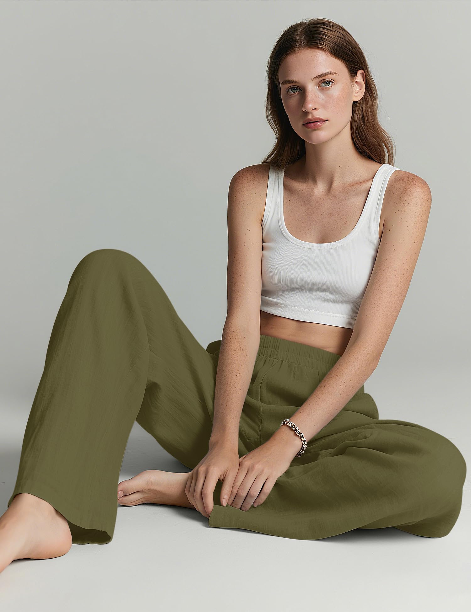 LOMON Linen Pants Women Wide Leg Palazzo Summer Flowy Pants Beach Vacation Clothes Elastic Waist Travel Trousers with Pockets