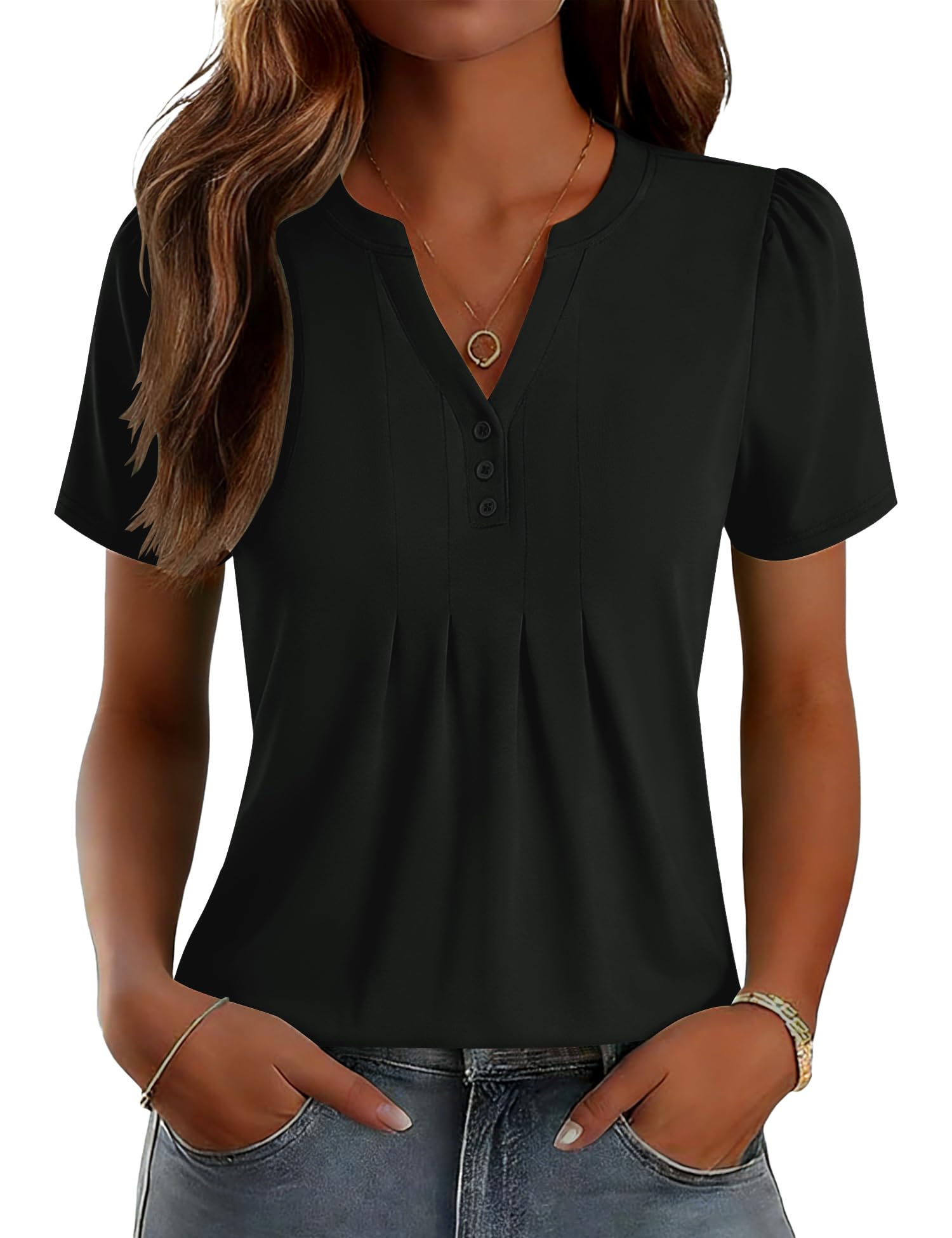 LOMON Womens Tops Dressy Casual V Neck Short Sleeve Shirts Summer Pleated Blouses Button Down Tunic Loose Fit