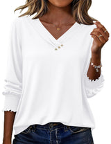 LOMON Blouses for Women Dressy Casual 3/4 Length Sleeve Womens Tops with Buttons Decor