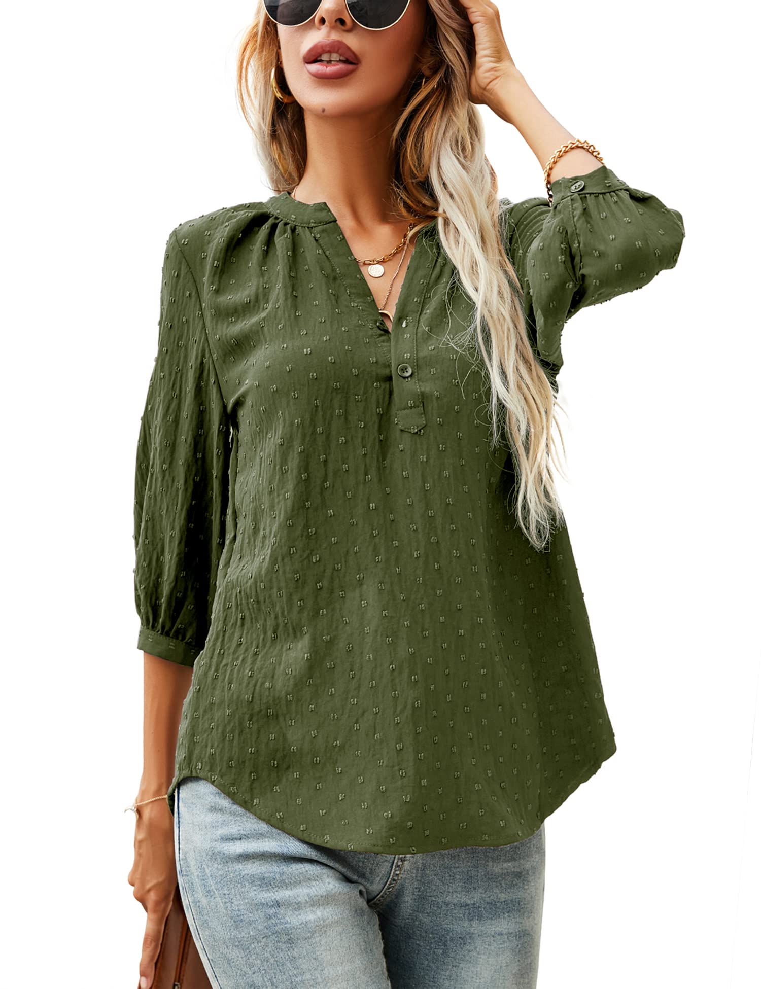 LOMON Women's Casual 3/4 Sleeve Henley V-Neck Button Up Pleated Back Blouses Swiss Dot Blouse Tops T-Shirts S-XXL