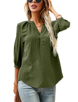LOMON Women's Casual 3/4 Sleeve Henley V-Neck Button Up Pleated Back Blouses Swiss Dot Blouse Tops T-Shirts S-XXL