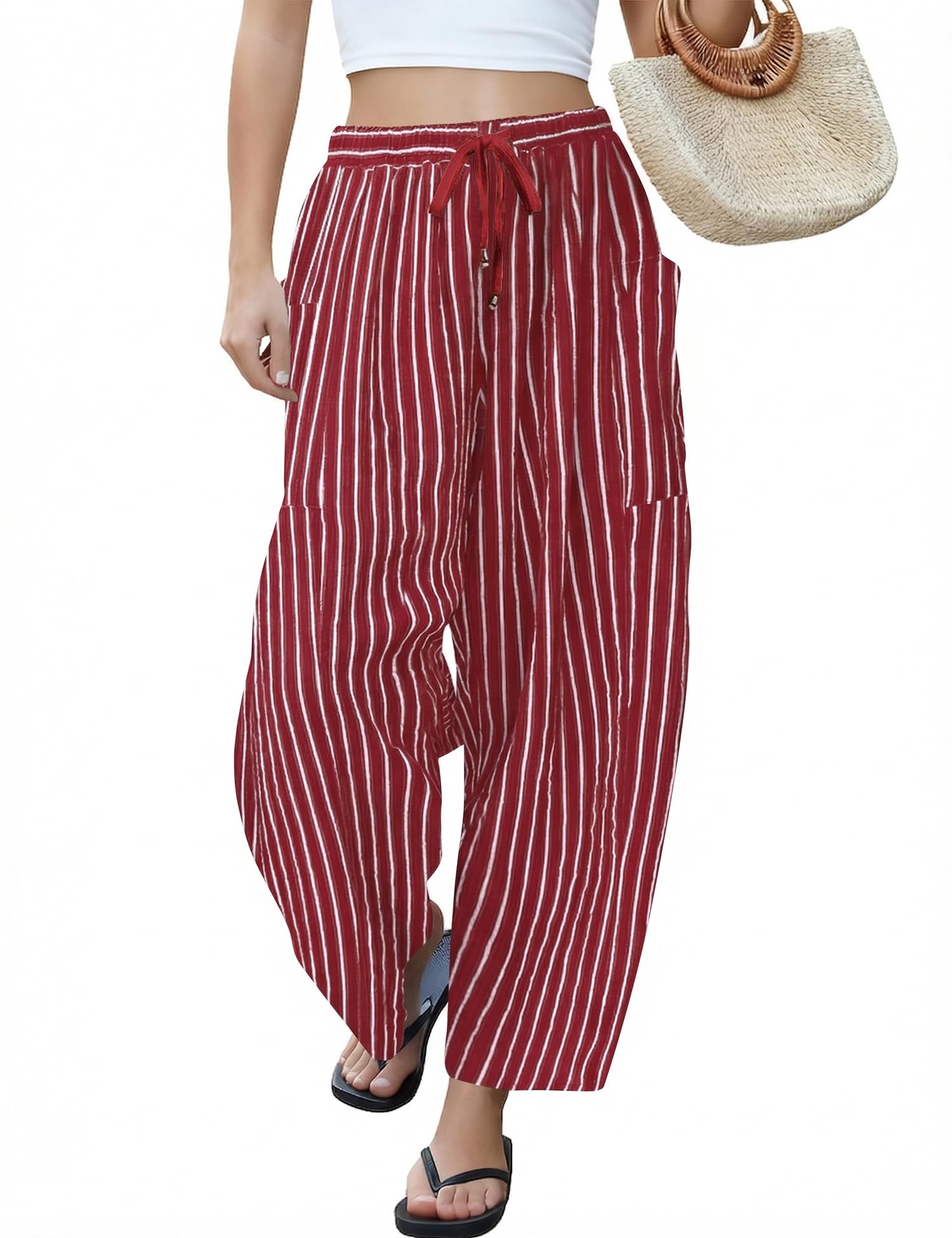 LOMON Womens Wide Leg Linen Pants Casual Drawstring Palazzo Harem Pants Summer Loose Beach Travel Vacation Pants with Pockets