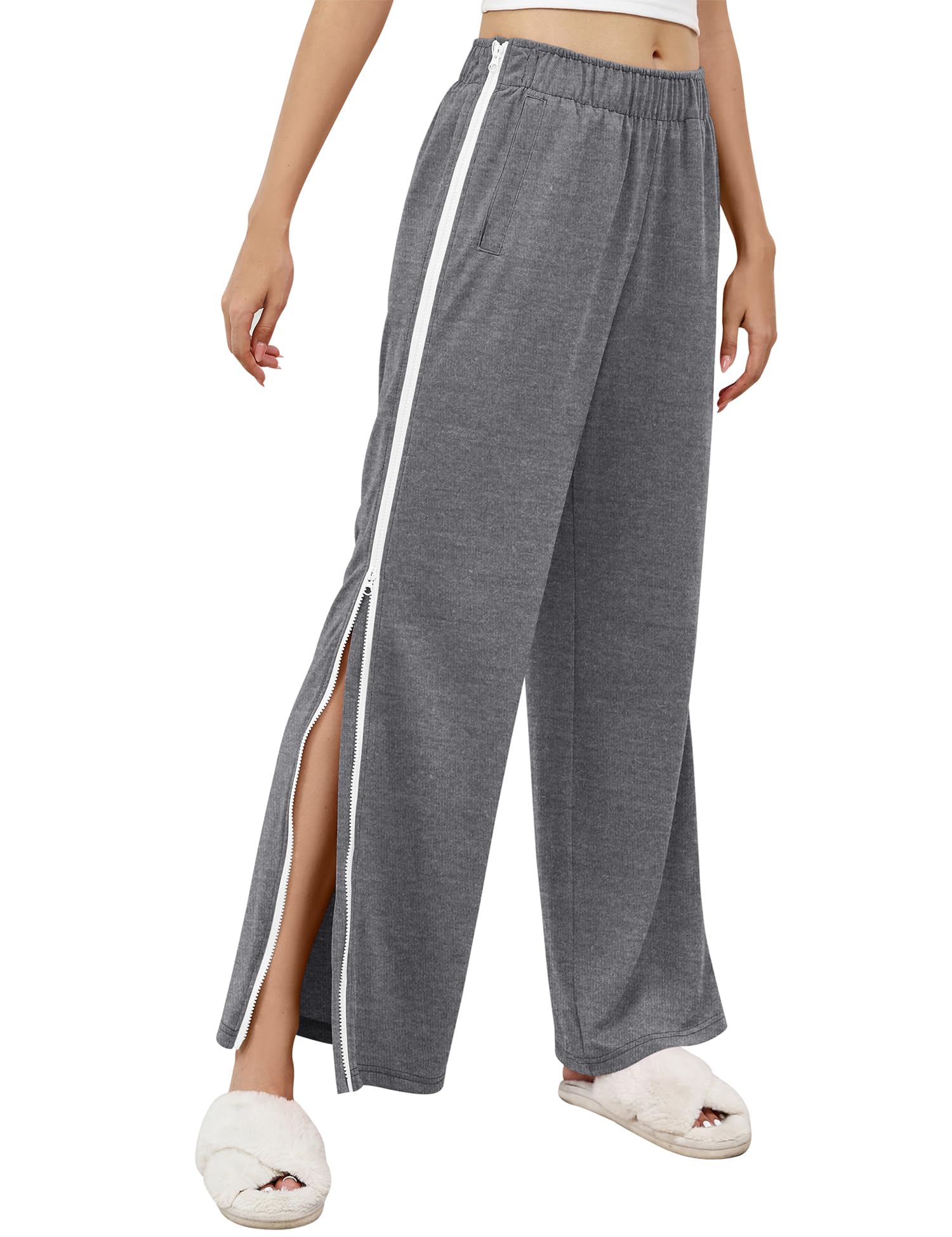 LOMON Womens Tear Away Pants Sides Full Open Sweatpants Double Slider Zip Off Post Surgery Pant with Pockets