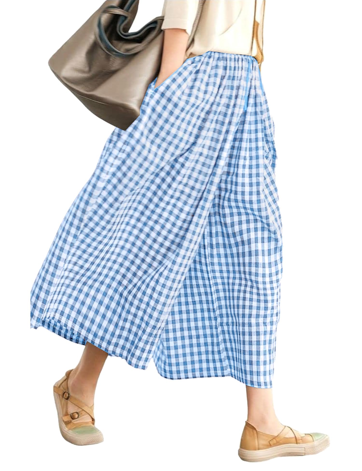 LOMON Womens Wide Leg Capri Pants Gingham Plaid Culottes Summer Elastic Waist Palazzo Trousers Bottoms with Pockets