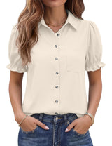 LOMON Linen Shirts for Women Puff Sleeve Button Down Summer Casual Cotton Linen Blouses Collared Work Tops Dressy