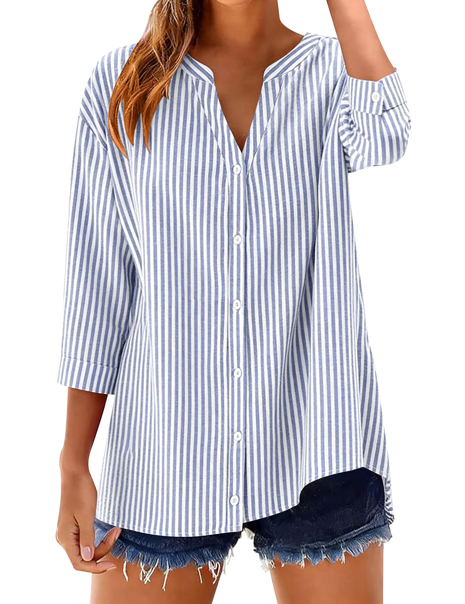 LOMON Cotton 3/4 Sleeve Button Down Shirts for Women Gingham Plaid Striped Tops V Neck Casual Loose Blouse