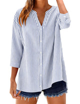 LOMON Cotton 3/4 Sleeve Button Down Shirts for Women Gingham Plaid Striped Tops V Neck Casual Loose Blouse