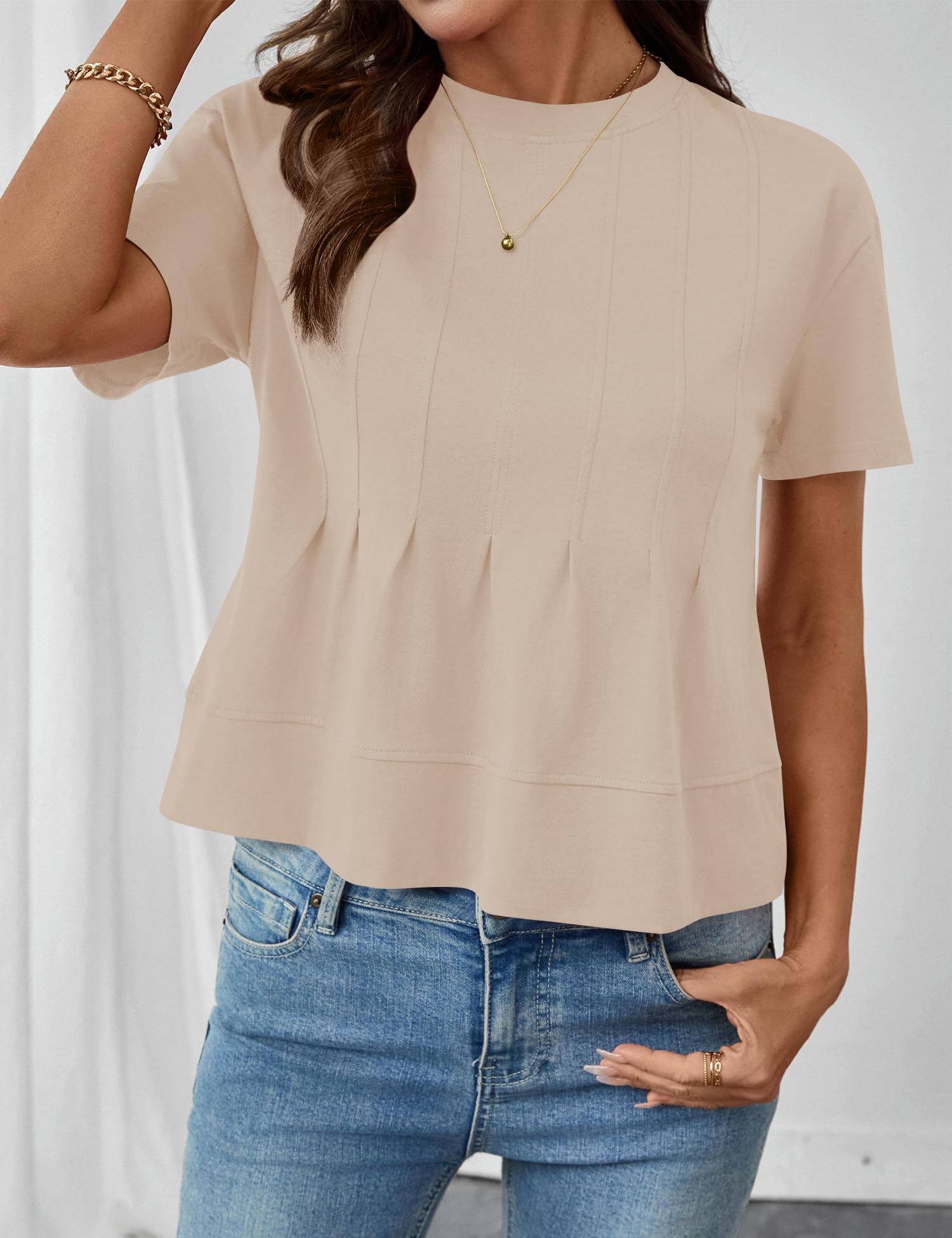 LOMON Spring Peplum Tops for Women Babydoll Pleated Short Sleeve Crop Swing Shirts Blouses Trendy Casual Clothing 2026