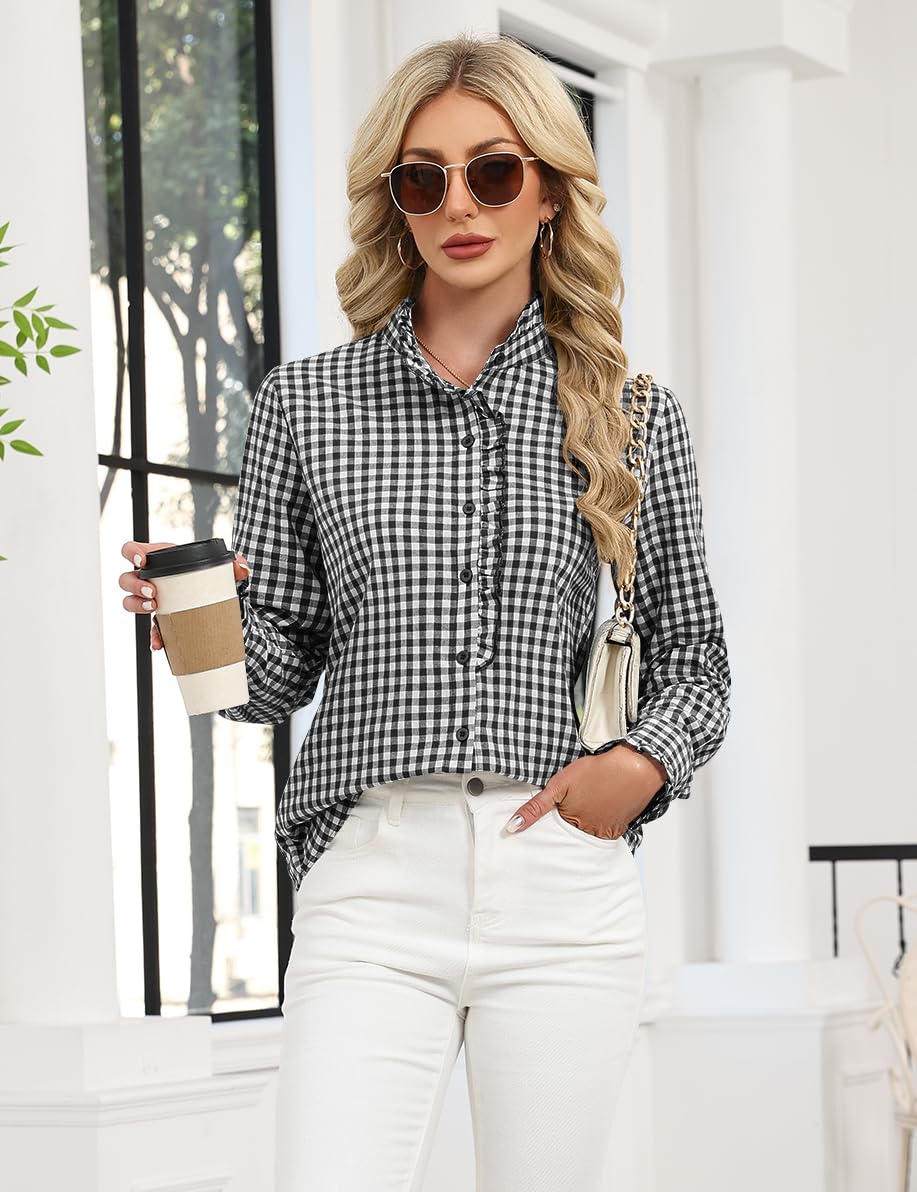 LOMON Button Down Shirts for Women Dressy Casual Long Sleeve Ruffle Blouses Office Tops Work Shirt