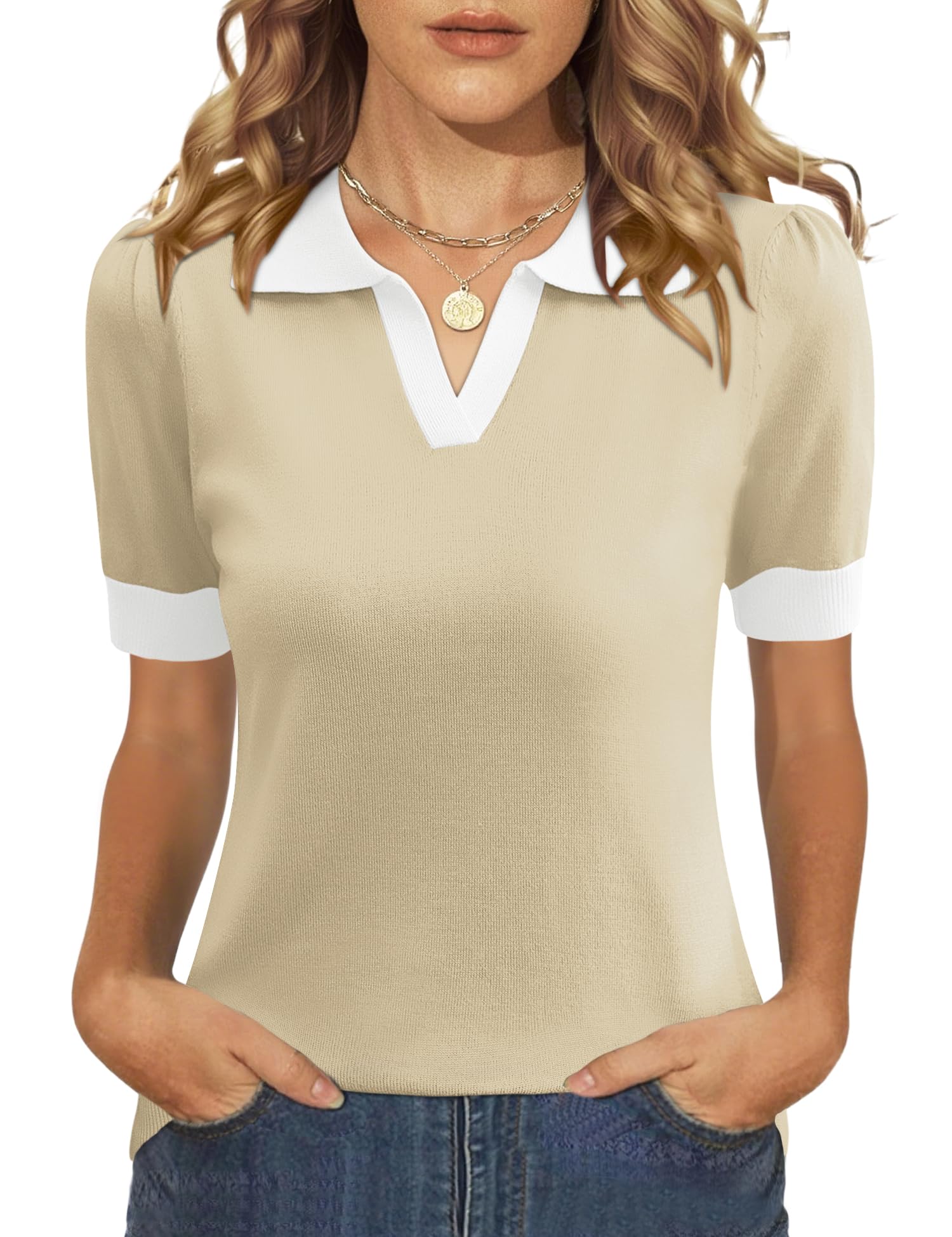 LOMON Womens Puff Short Sleeve Polo Sweater V Neck Knitted Tops Casual Ribbed Shirt Pullover Blouse