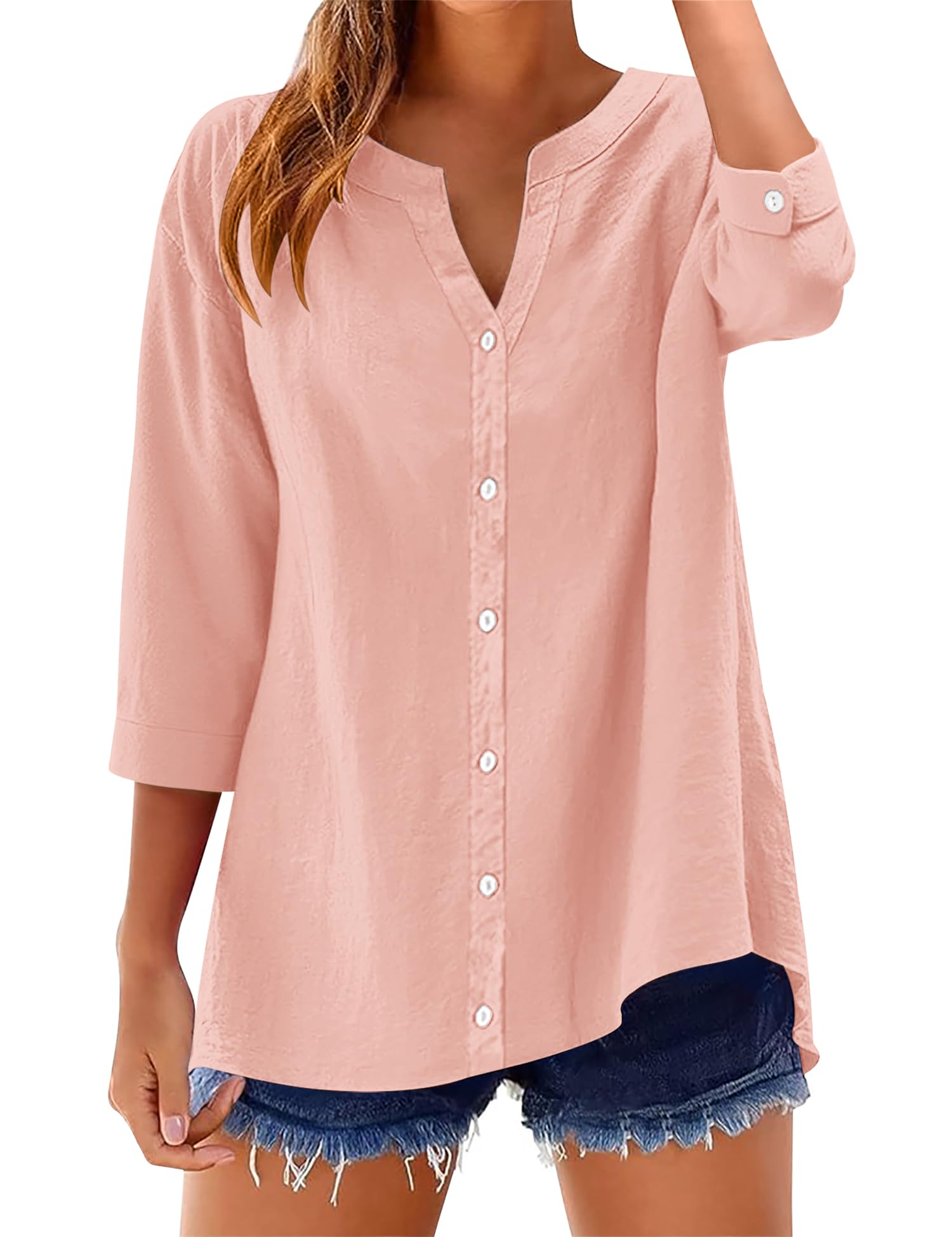 LOMON Womens 3/4 Sleeve Button Down Shirts Cotton Linen Roll Up Short Sleeve Tops V Neck Casual Loose Fit Blouses