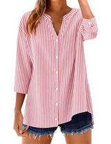 LOMON Cotton 3/4 Sleeve Button Down Shirts for Women Gingham Plaid Striped Tops V Neck Casual Loose Blouse