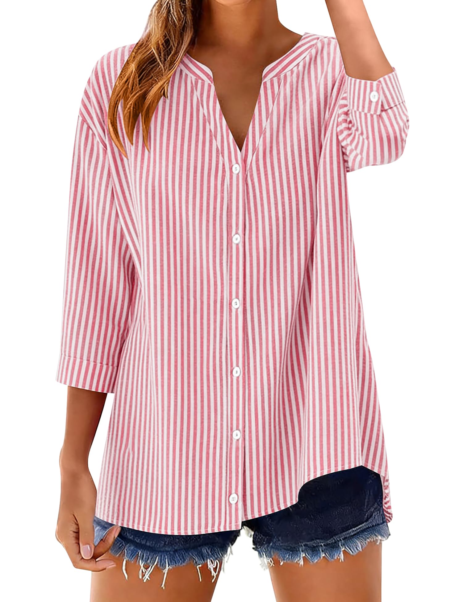 LOMON Cotton 3/4 Sleeve Button Down Shirts for Women Gingham Plaid Striped Tops V Neck Casual Loose Blouse