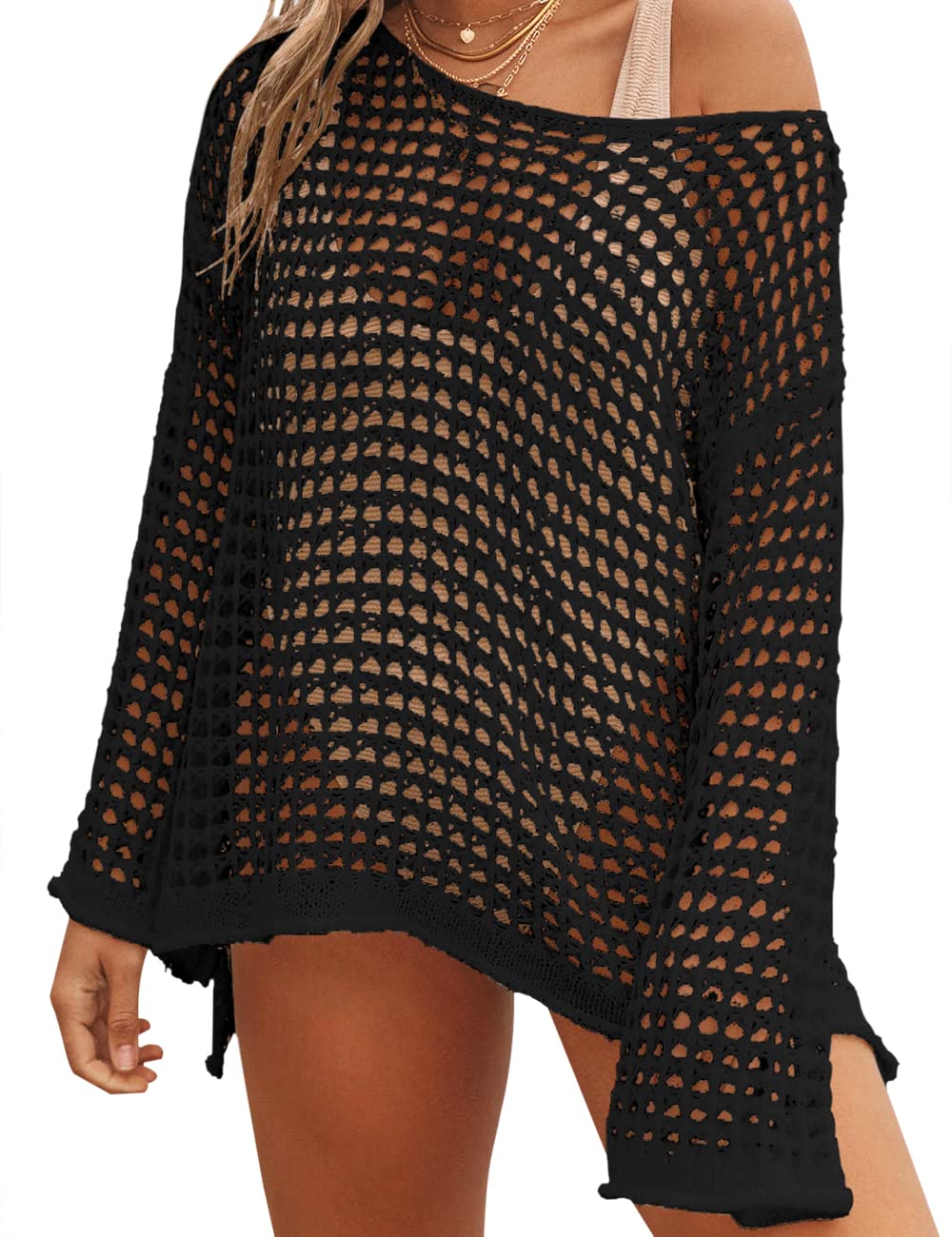 LOMON Womens Beach Cover Ups Long Sleeve Crochet Coverups for Swimwear Mesh Knit Swimsuit Cover Up XS-XXL