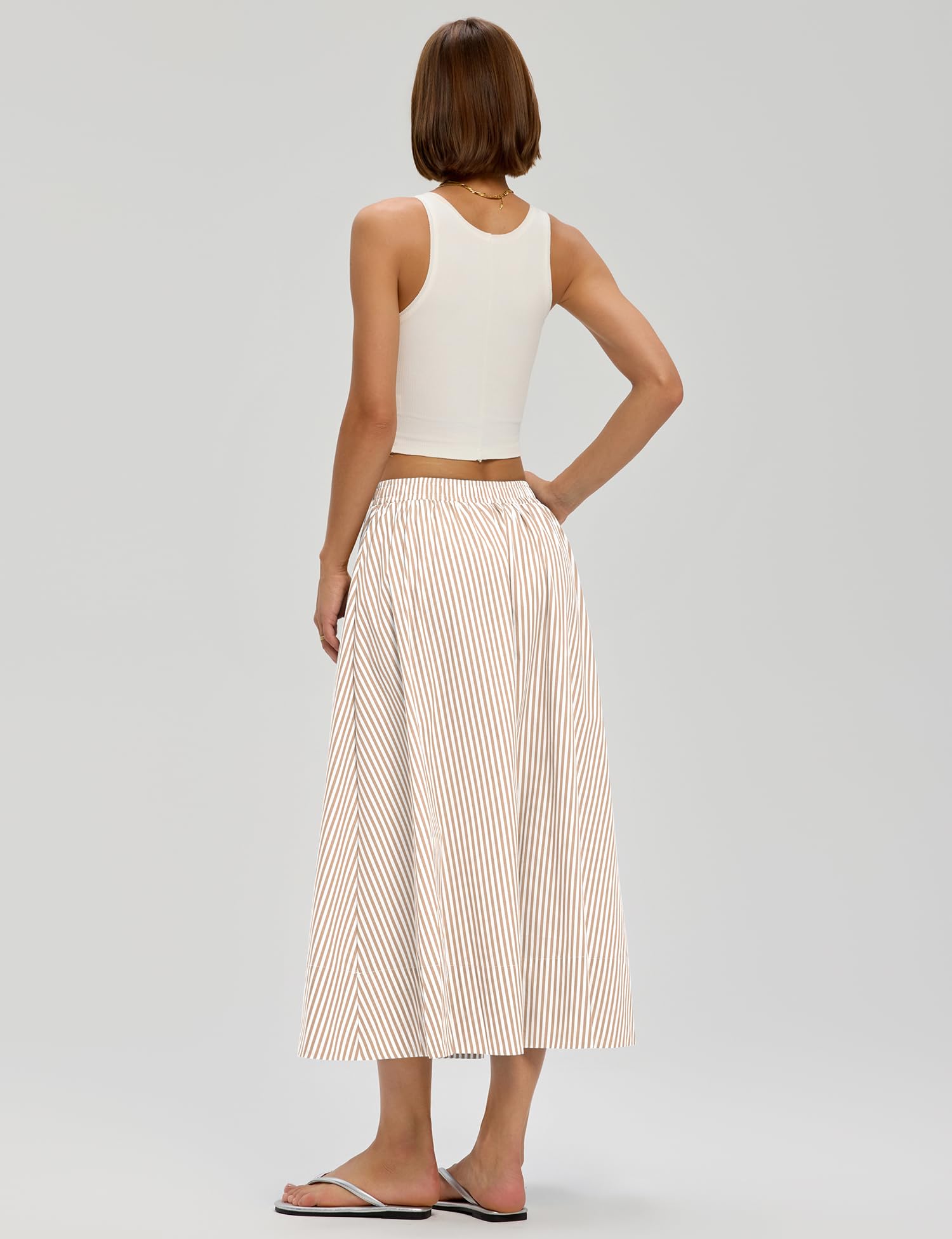 LOMON Midi Skirts for Women A-Line Cotton Flowy Maxi Skirt Boho Summer Beach Casual Elastic Waist Dress Outfit with Pockets