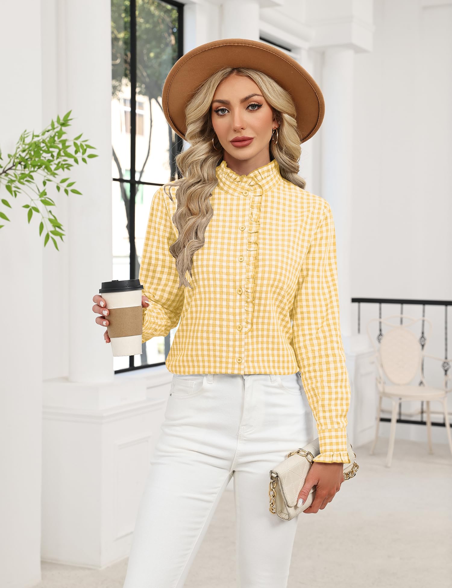 LOMON Button Down Shirts for Women Dressy Casual Long Sleeve Ruffle Blouses Office Tops Work Shirt