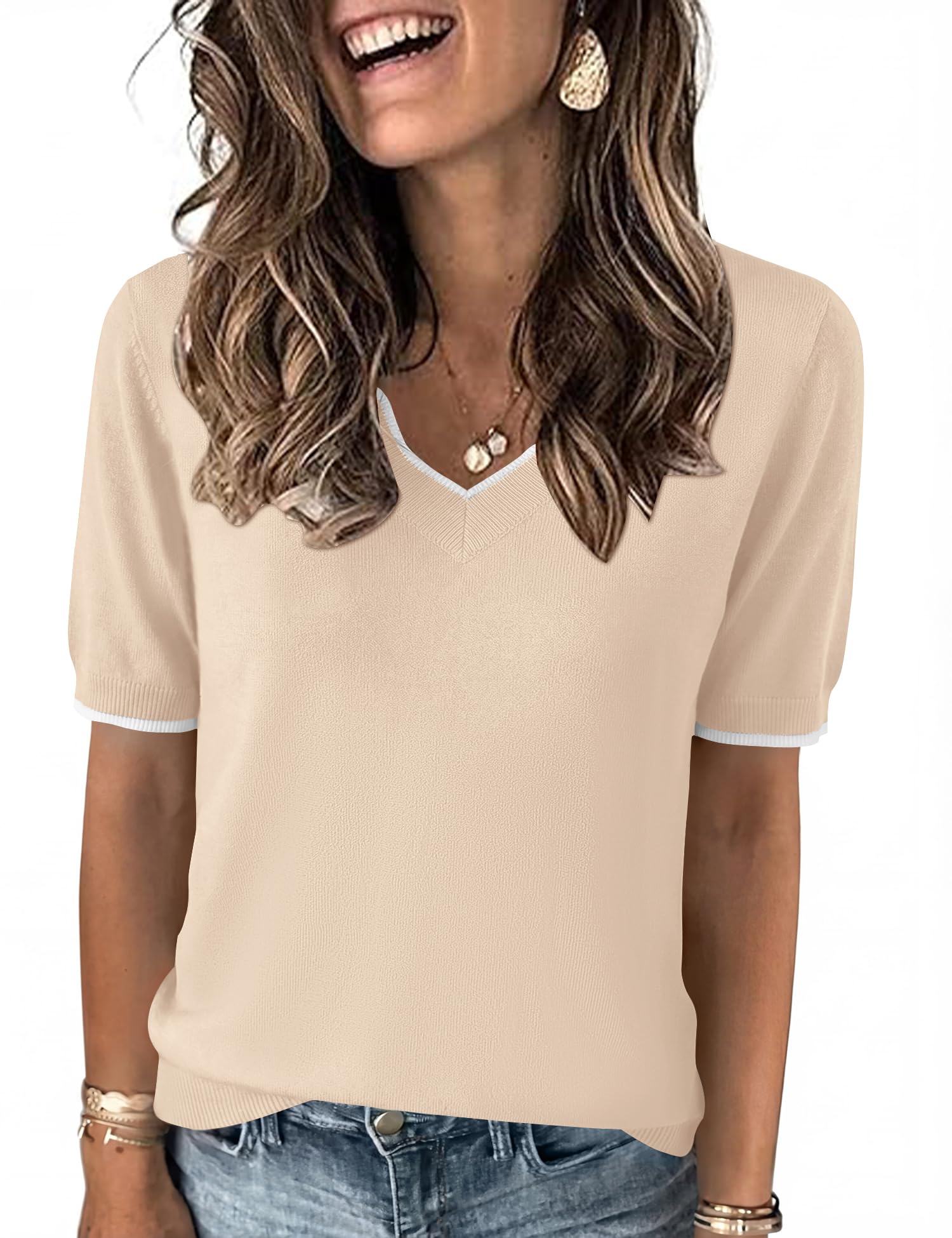 LOMON Womens 2026 Spring V Neck Sweater Casual Tops Short Sleeve Lightweight Ribbed Knit Pullover Sweaters