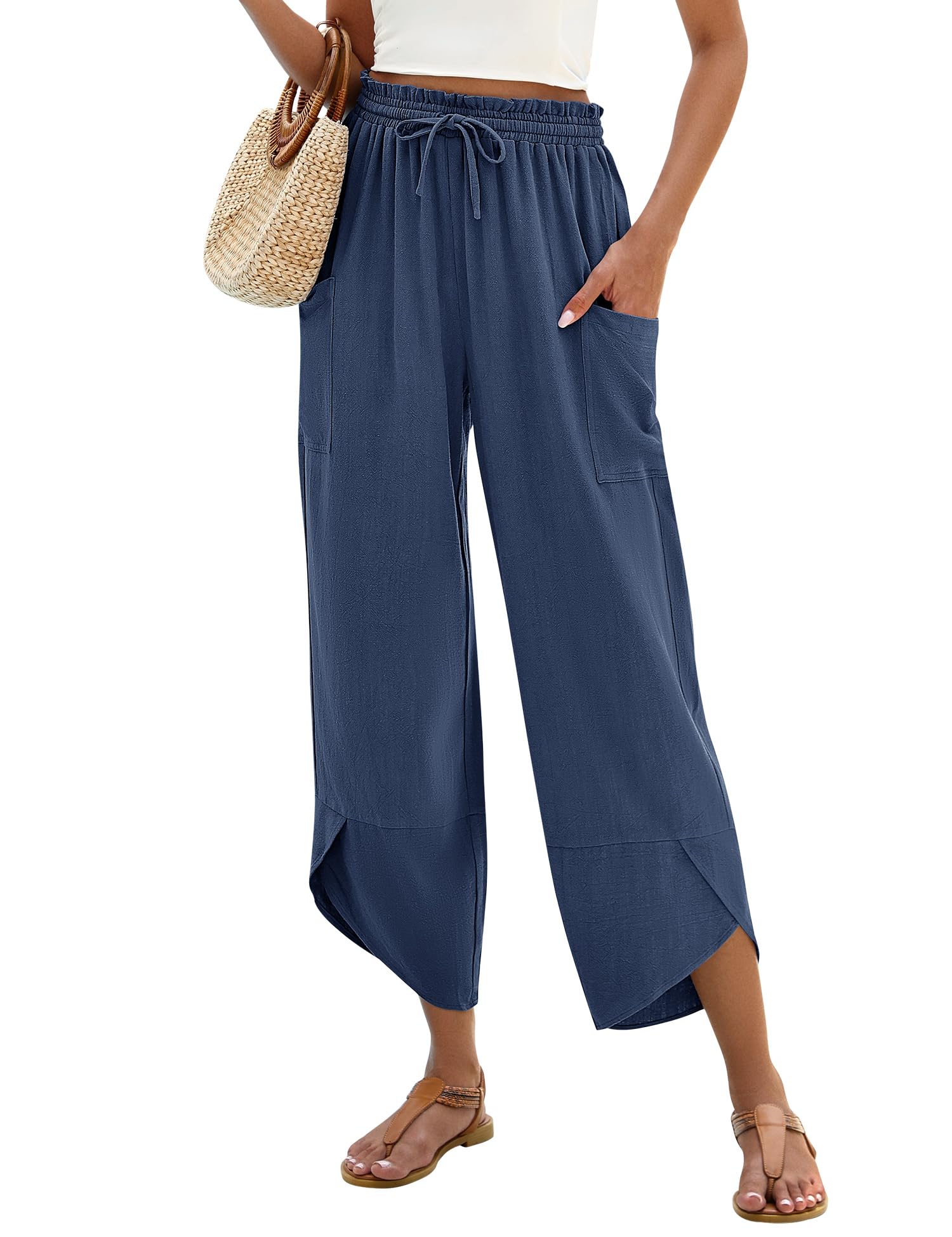 LOMON Women Linen Palazzo Pants Boho Wide Leg Elastic Waisted Casual Capri Pant Summer Harem Lounge with Pockets