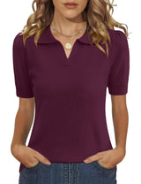 LOMON Womens Puff Short Sleeve Polo Sweater V Neck Knitted Tops Casual Ribbed Shirt Pullover Blouse