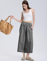 LOMON Womens Wide Leg Capri Pants Gingham Plaid Culottes Summer Elastic Waist Palazzo Trousers Bottoms with Pockets