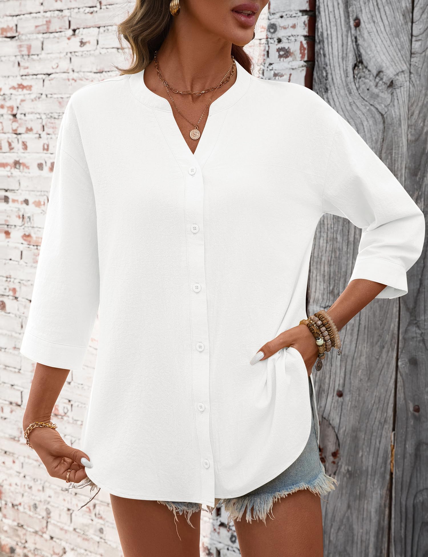 LOMON 3/4 Length Sleeve Womens Tops V Neck 3/4 Sleeve Sides Slit Button Down Shirts Cotton Linen Casual Loose Blouses