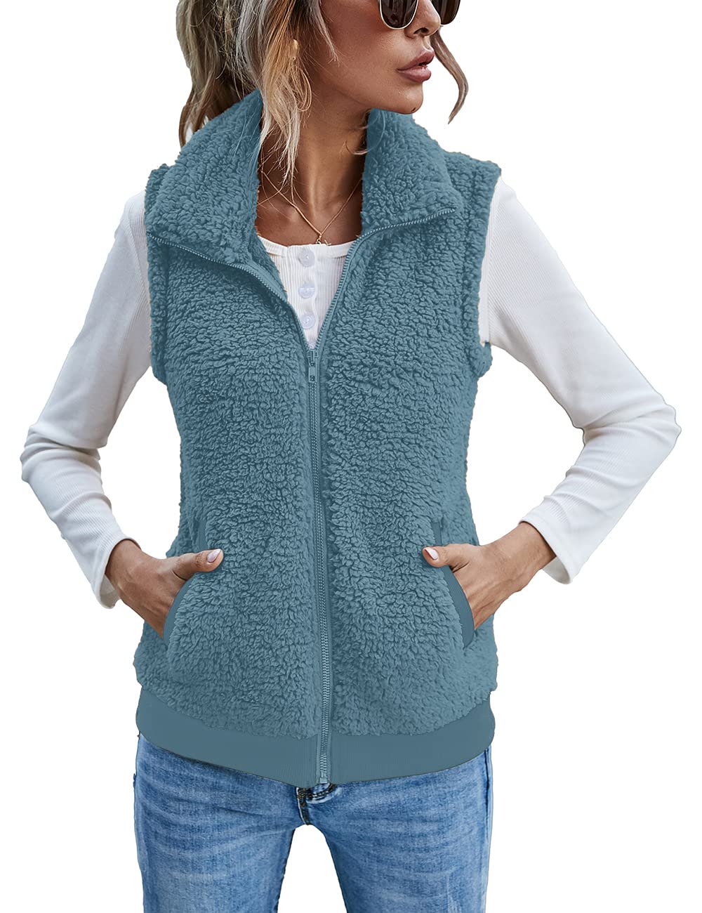LOMON Womens Fuzzy Fleece Vest, Casual Warm Sleeveless Zip Up Sherpa Vest Jacket with Pockets for Fall/Winter
