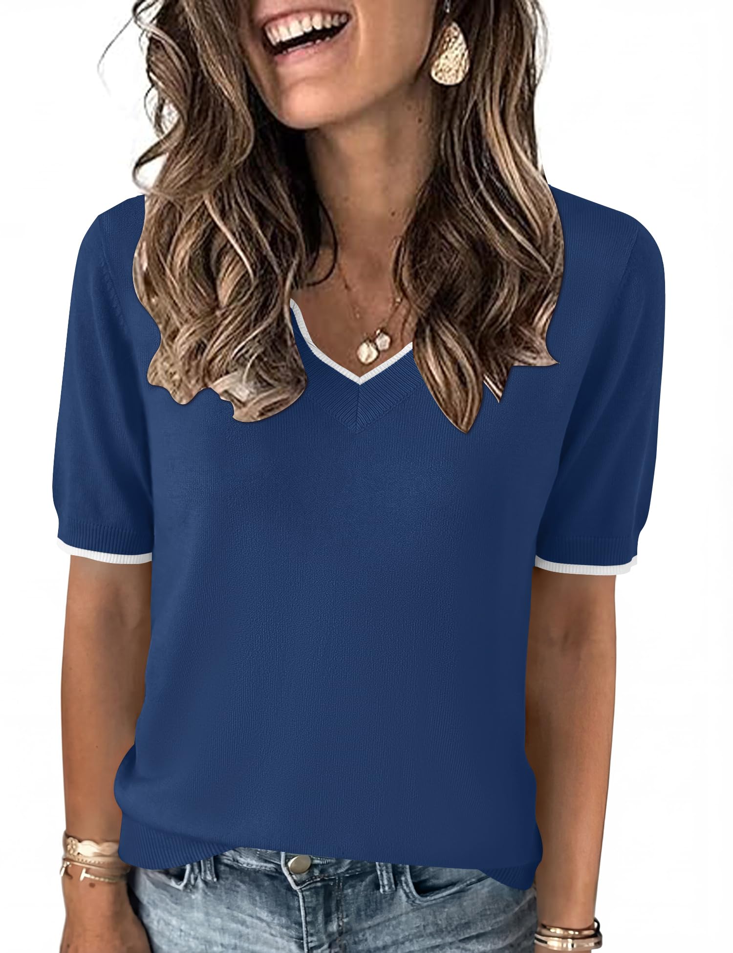 LOMON Womens 2026 Spring V Neck Sweater Casual Tops Short Sleeve Lightweight Ribbed Knit Pullover Sweaters