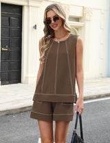 LOMON Womens Two Piece Short Sets Summer Round Neck Sleeveless Tank Tops Drawstring Elastic Waist Shorts with Pockets