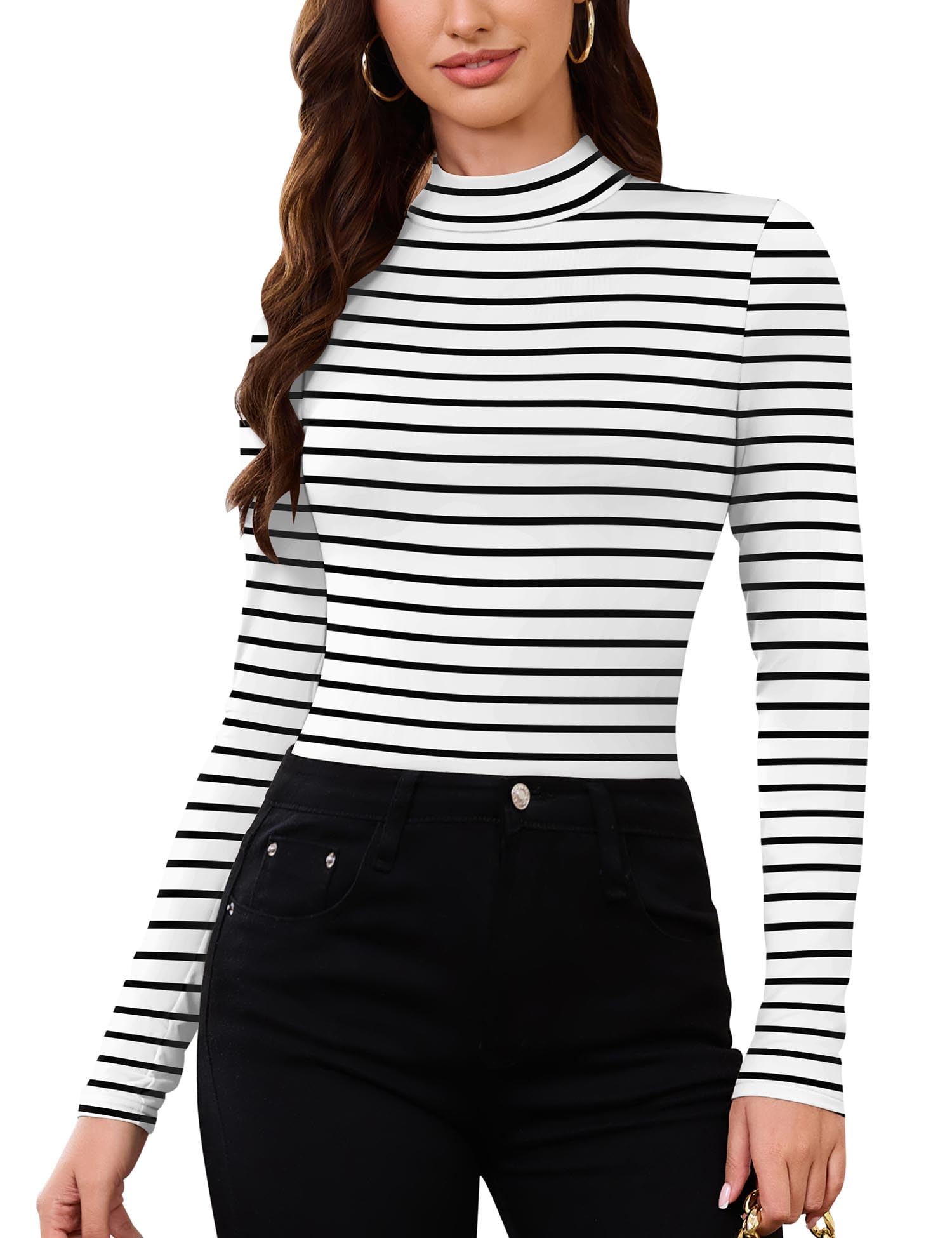 LOMON Women Thermal Long Sleeve Shirts Mock Turtle Neck Fitted Tops Fleece Lined Winter Tops Base Layer Undershirt