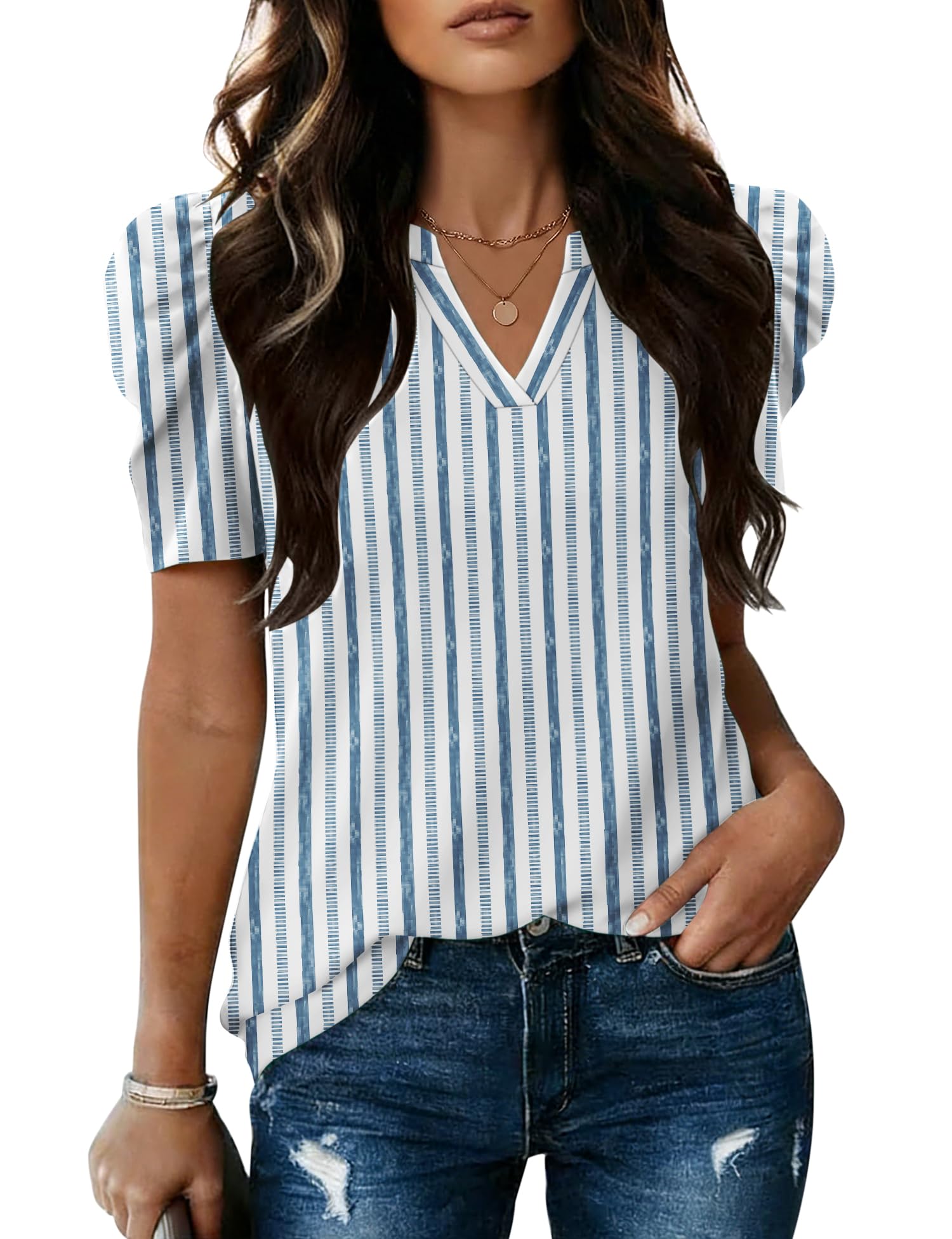 LOMON Spring Summer Tops for Women 2026 V Neck Puff Short Sleeve Tops Fashion Trendy Work Blouses Dressy Casual S-XXL