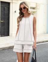 LOMON Womens Two Piece Short Sets Summer Round Neck Sleeveless Tank Tops Drawstring Elastic Waist Shorts with Pockets