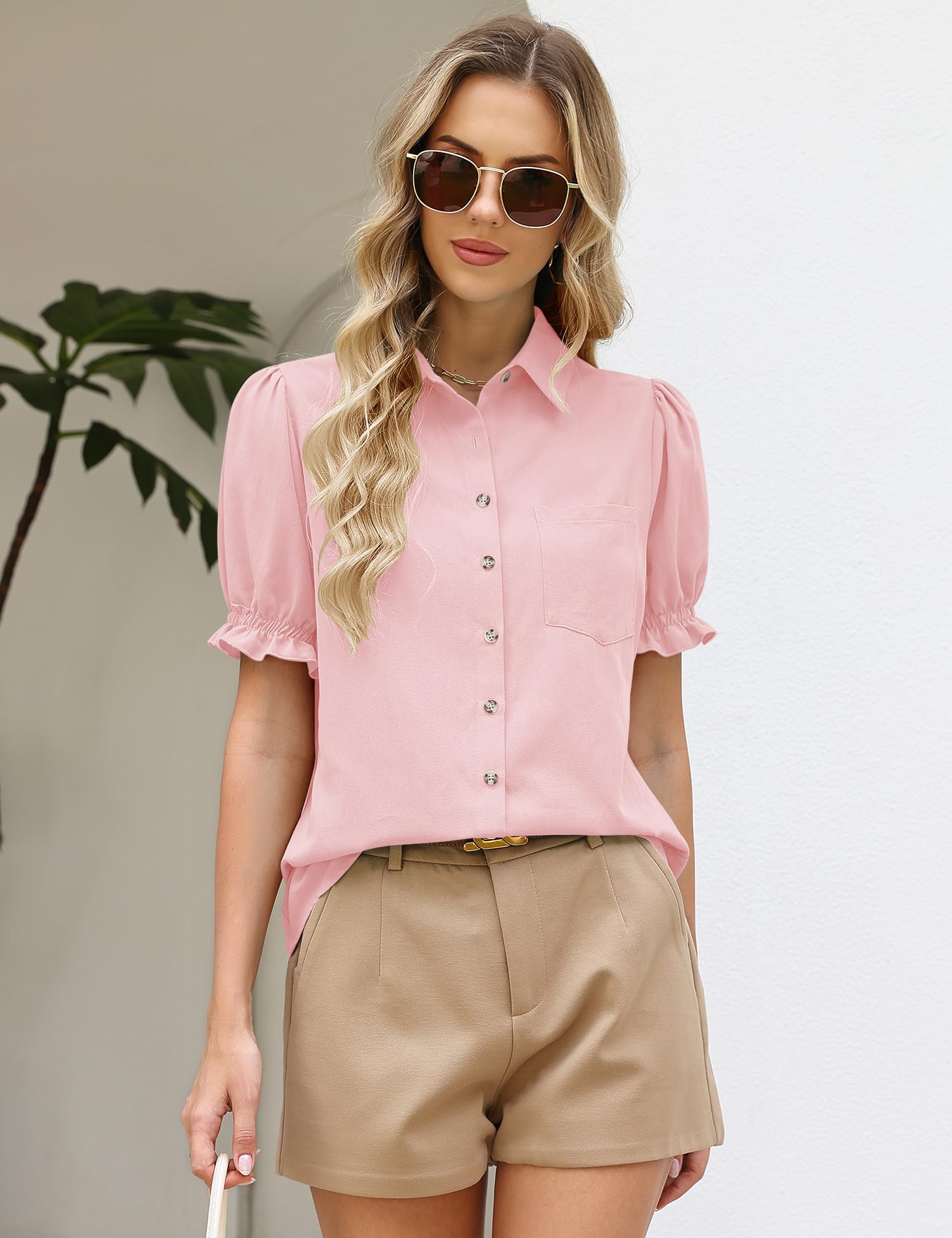 LOMON Linen Shirts for Women Puff Sleeve Button Down Summer Casual Cotton Linen Blouses Collared Work Tops Dressy