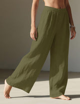 LOMON Linen Pants Women Wide Leg Palazzo Summer Flowy Pants Beach Vacation Clothes Elastic Waist Travel Trousers with Pockets