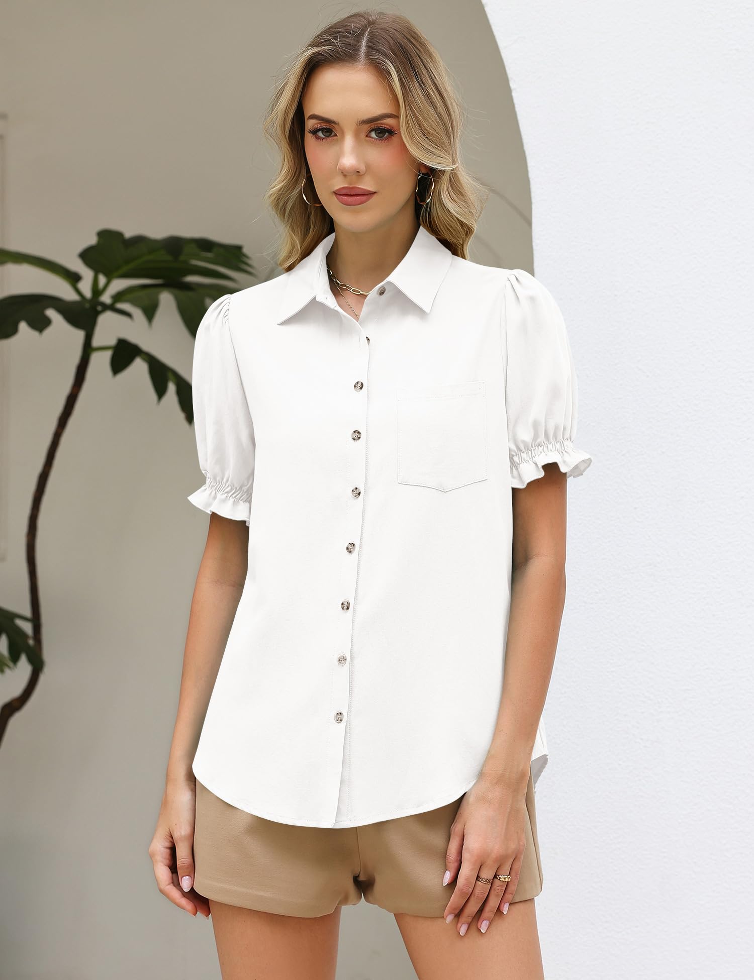 LOMON Linen Shirts for Women Puff Sleeve Button Down Summer Casual Cotton Linen Blouses Collared Work Tops Dressy