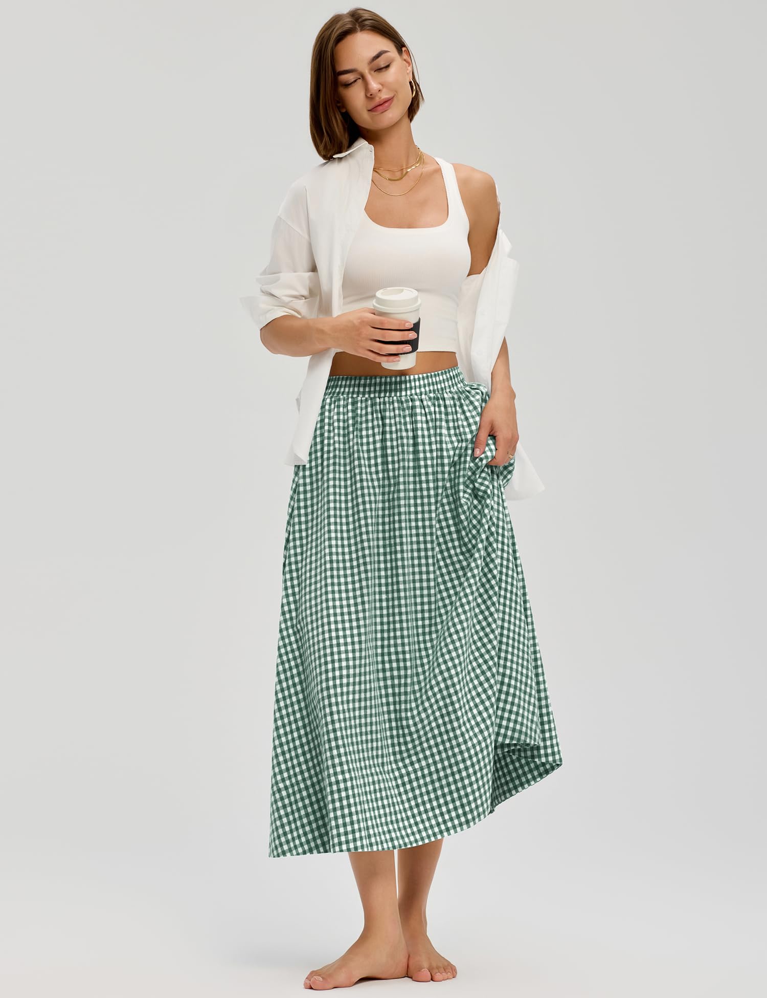 LOMON Midi Skirts for Women A-Line Cotton Flowy Maxi Skirt Boho Summer Beach Casual Elastic Waist Dress Outfit with Pockets