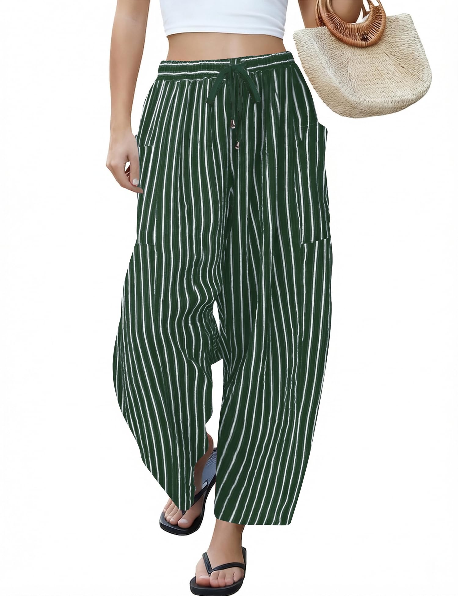 LOMON Womens Wide Leg Linen Pants Casual Drawstring Palazzo Harem Pants Summer Loose Beach Travel Vacation Pants with Pockets