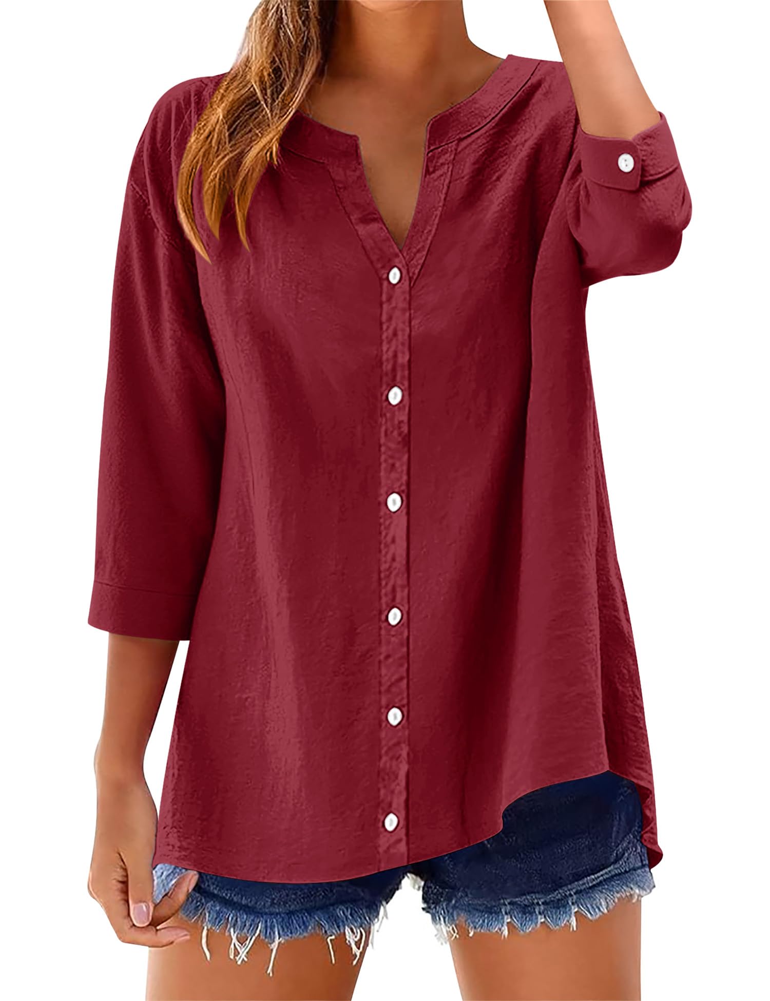 LOMON Womens 3/4 Sleeve Button Down Shirts Cotton Linen Roll Up Short Sleeve Tops V Neck Casual Loose Fit Blouses