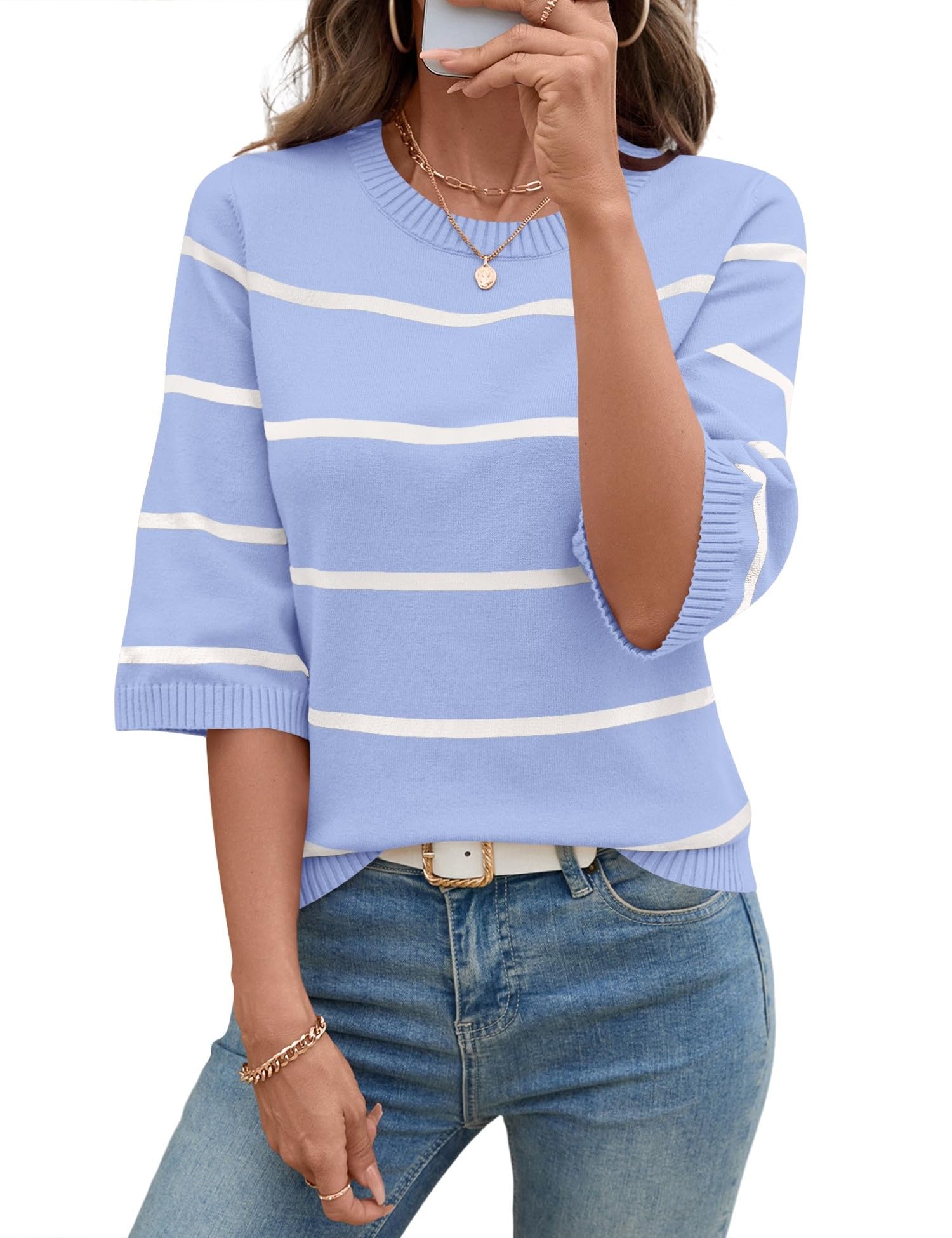 LOMON Womens Sweaters Casual Fall 2025 Crew Neck Striped 3/4 Sleeve Lightweight Knit Trendy Pullover Sweater Tops S-XL